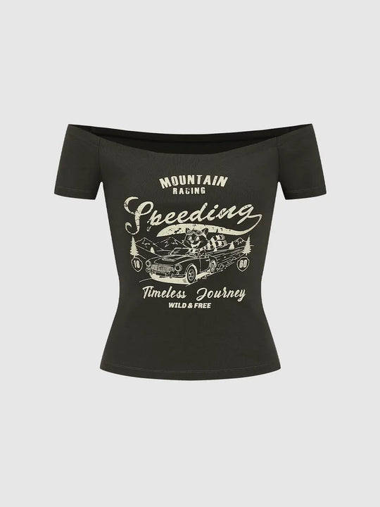 Cotton Off Shoulder Car Graphic Print Top
