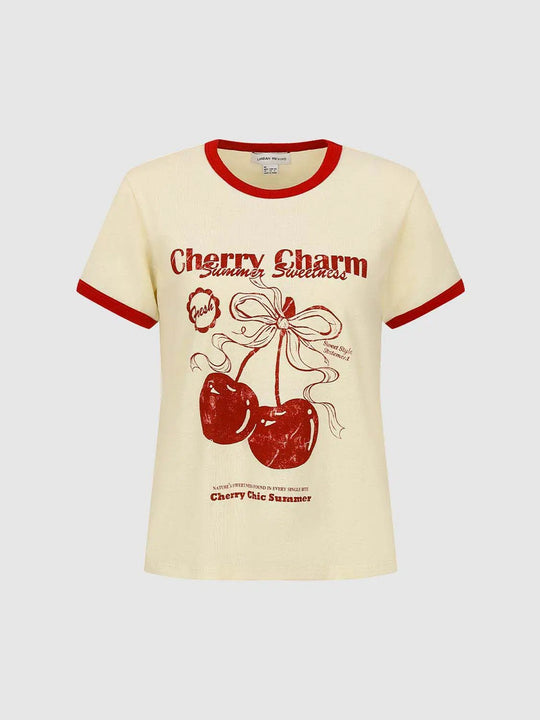 Cotton Cherry Print Graphic Detailing On Medium Thickness Fabric T-Shirts