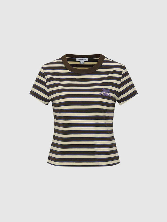 Cotton Striped Embroidered Chest Accent With Horizontal Stripe Pattern And Ribbed Crew-Neck T-Shirt