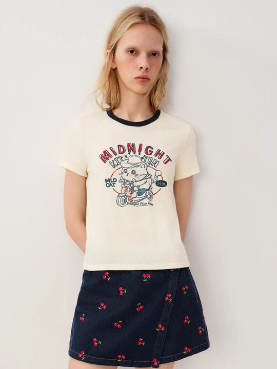 Cotton Midnight Kitten Graphic Print T-Shirt