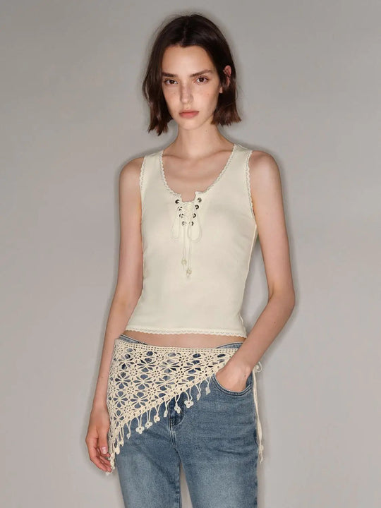 Lace Up Front Scalloped Crochet Trim Tank Top