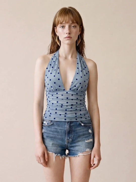 Stretch Polka Dot Ruched Thin Halter Tank Tops