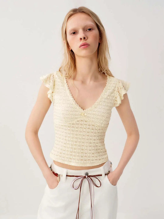 Crocheted Textured Cropped Short Sleeve Blouse