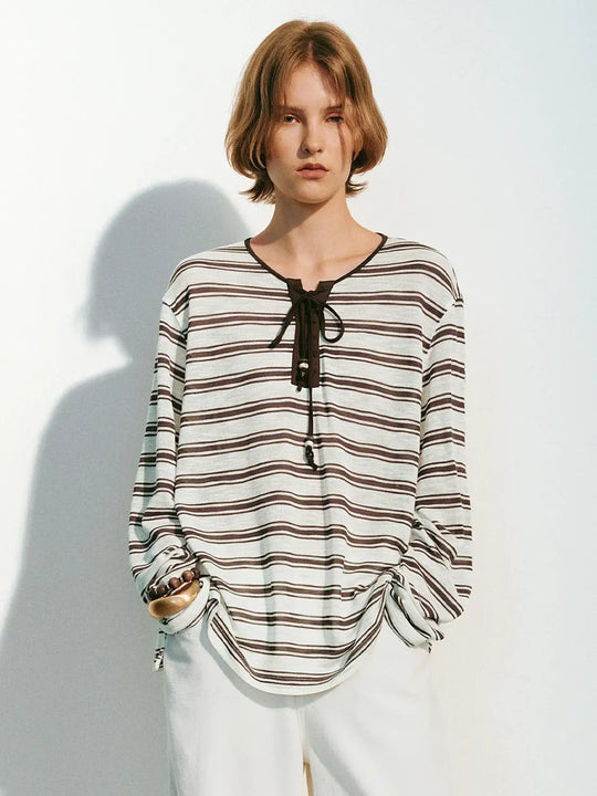 Striped Lace Up Long Sleeve Relaxed T-shirt
