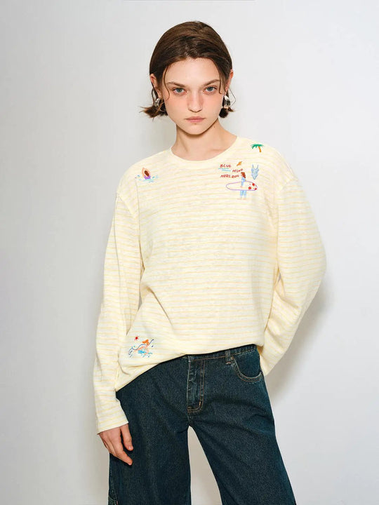 Embroidered Striped Crew Neck Cotton Blend T-shirt