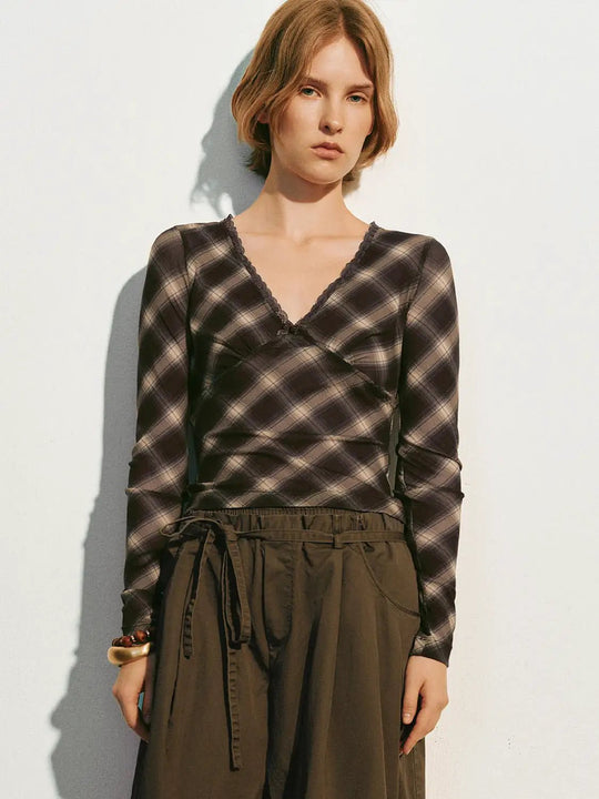 Checkered Lace Trim V-neck Blouse