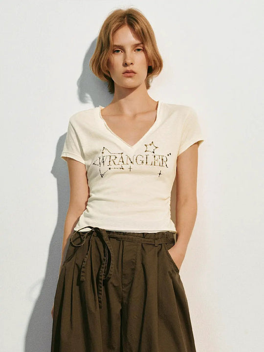 Cream V-neck Star Graphic Short Sleeve T-Shirt