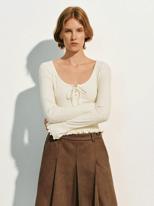 Ribbed Tie Front Cotton Knit Long Sleeve T-shirt