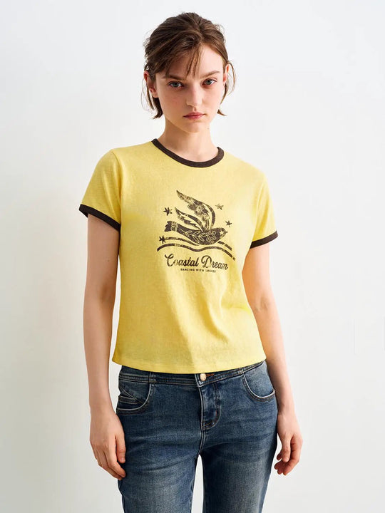Short Sleeve Graphic Print Ringer Cotton Blend T-Shirt
