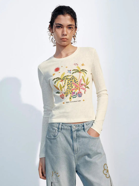 Animal Print Long Sleeve Cotton Top