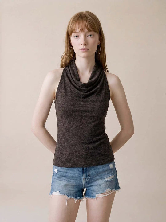 Textured Cowl Neck Fitted Sleeveless Tank Top