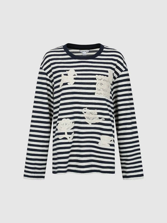 Striped Lace Applique Long Sleeve Cotton Blend T-shirt