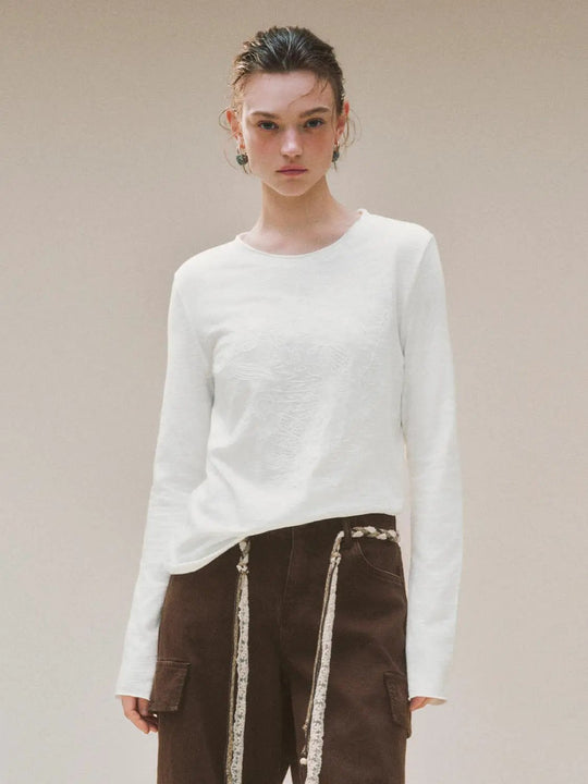 Embroidered Crew Neck Long Sleeve Cotton T-shirt