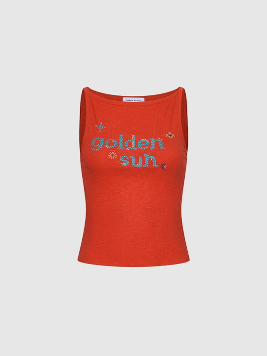 Embroidered Golden Sun Ribbed Sleeveless Tank Top