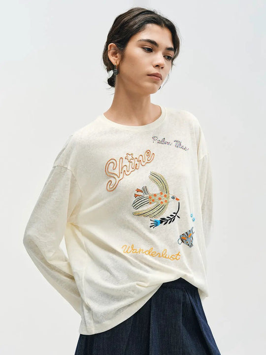 Langarm-T-Shirt aus Baumwollmischung mit besticktem Vogelmotiv und Rundhalsausschnitt
