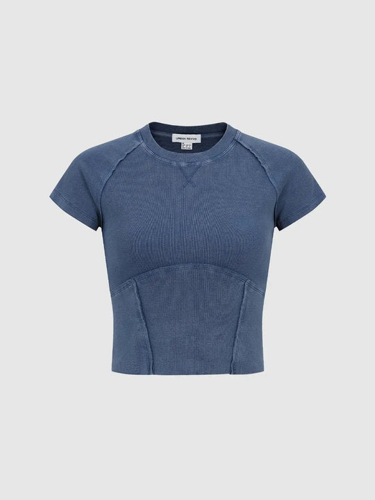Figurbetontes geripptes Baumwoll-T-Shirt mit Rundhalsausschnitt und kurzen Ärmeln