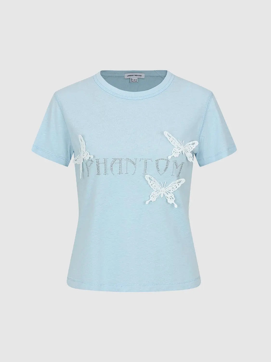 T-shirt by Urban Revivo Fashion in light blue with white butterfly appliques and rhinestone lettering across the front