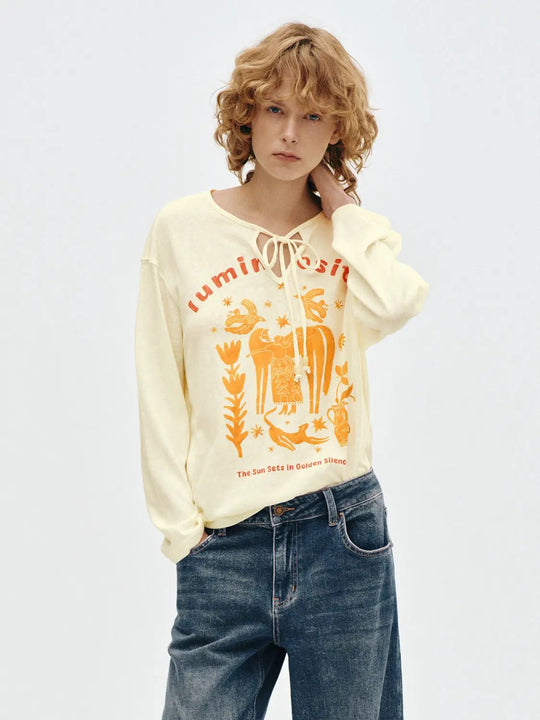 グラフィックプリントタイネック長袖コットン混紡Tシャツ
