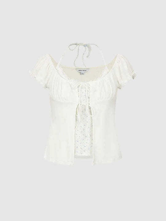 T-Shirt aus Baumwollmischung mit Spitzeneinsatz, Bindeband vorn und Rüschen