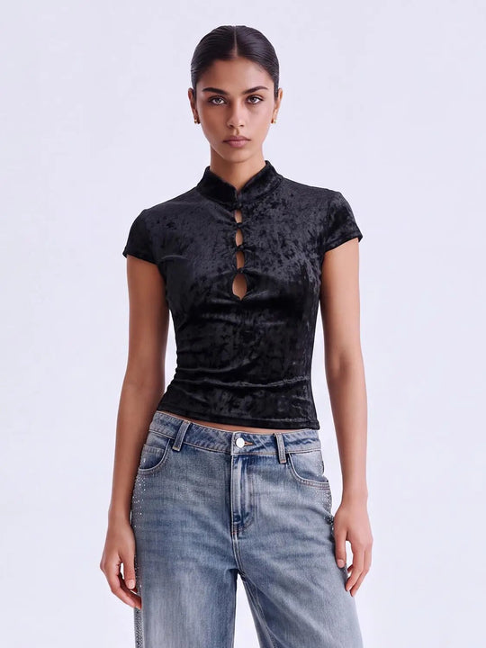 Textured Keyhole Mandarin Collar Short Sleeve T-Shirt
