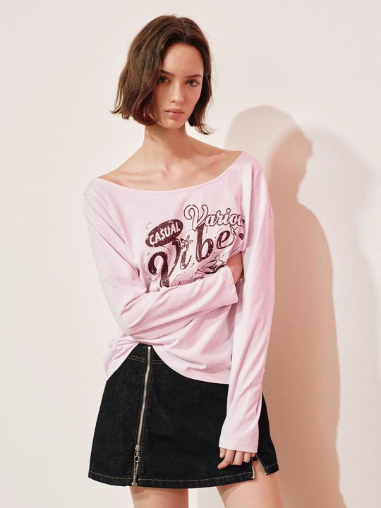 グラフィック 長袖 コットン混紡Tシャツ