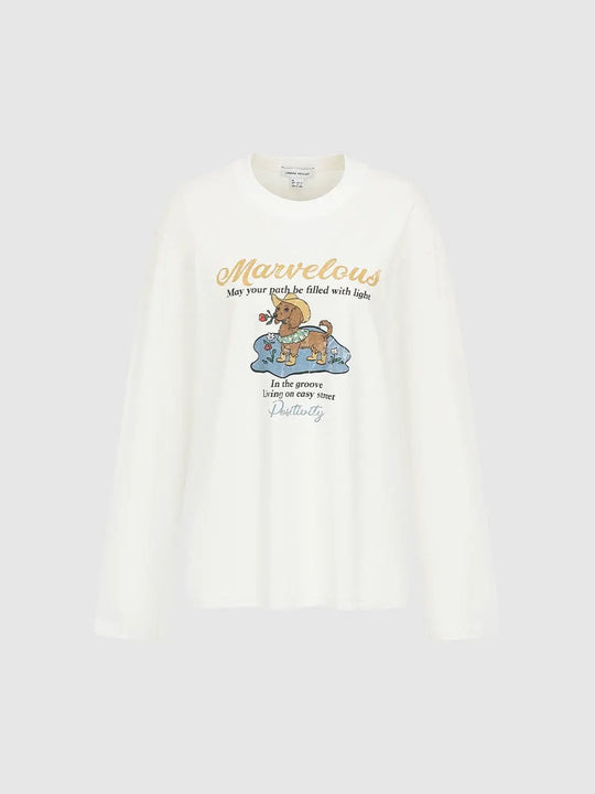 Graphic Print Crew Neck Long Sleeve Cotton T-Shirt