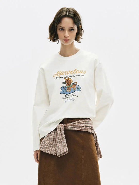 グラフィックプリントクルーネック長袖コットンTシャツ