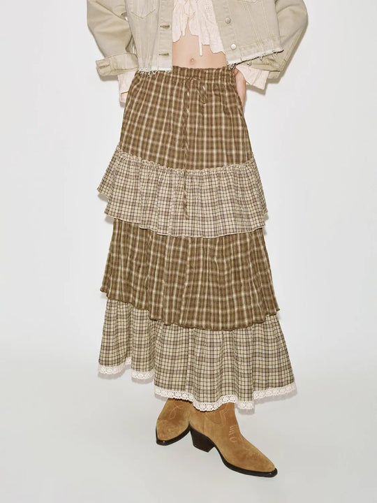 Ruffle Trim Contrast Check Tiered A-Line Midi Skirts
