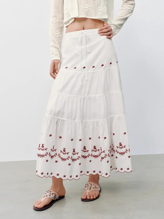 Contrast Printed Drawstring Tiered A-Line Midi Skirts