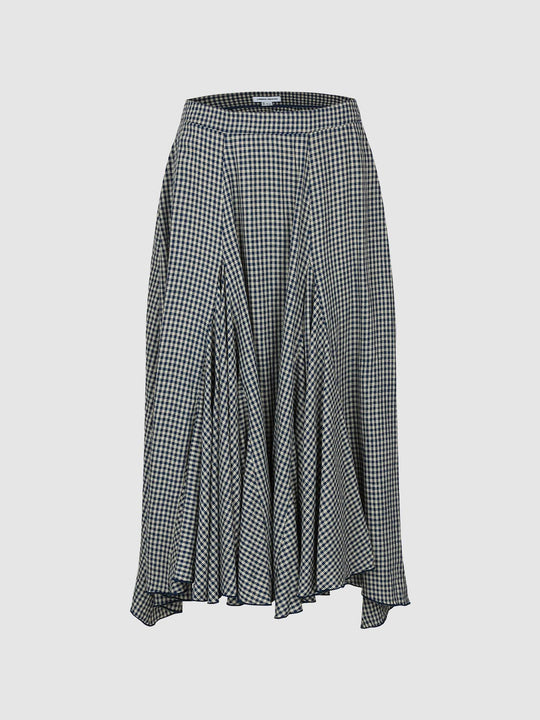 Linen Blend Asymmetric Check Pleated A-Line Midi Skirts