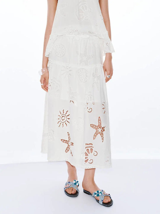Guipure Lace Drawstring Pull On A-Line Midi Skirts