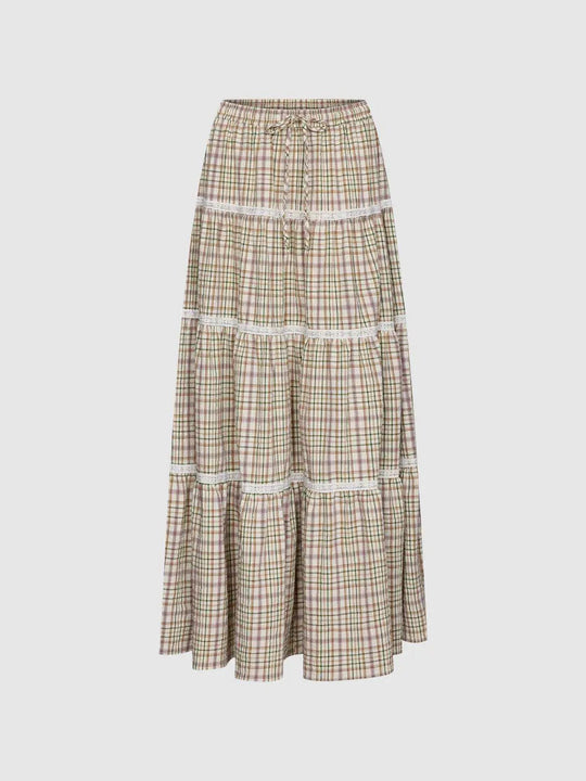Plaid Tiered Lace Trim Skirt