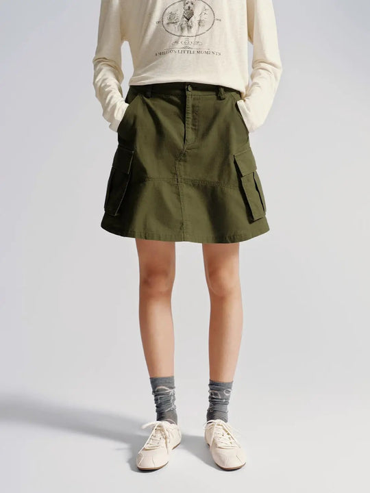Durable Cotton Twill Cargo A-Line Midi Flap Pocket Skirts