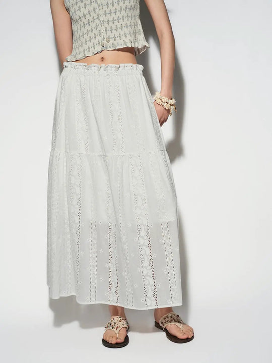 Guipure Laced Embroidered Ruffle Trim Pull On A-Line Midi Skirts