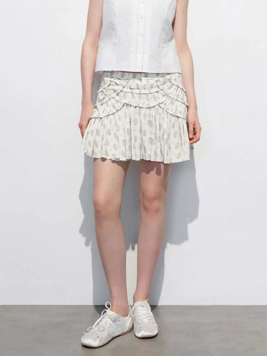 Floral Print Ruffled Layered Viscose Mini Skirt