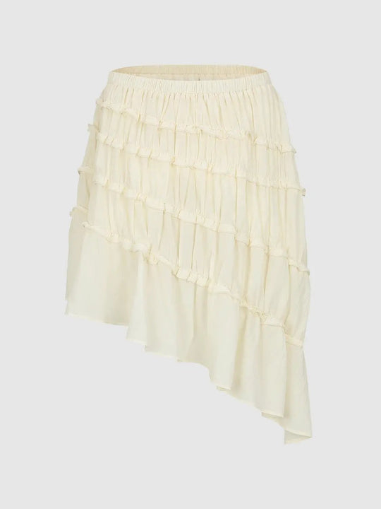 Ruffled Asymmetric Hem A-Line Ruched Waist Skirt