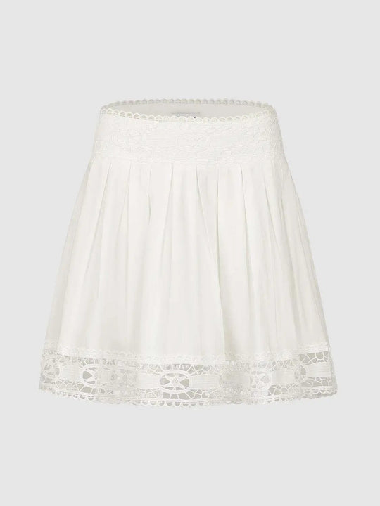 Pleated Lace Trim Cotton Lace Hem Skirt