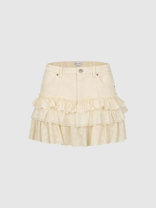 Cotton Eyelet Embroidered Two-Tiered Ruffle With Front Pockets A-Line Skirt