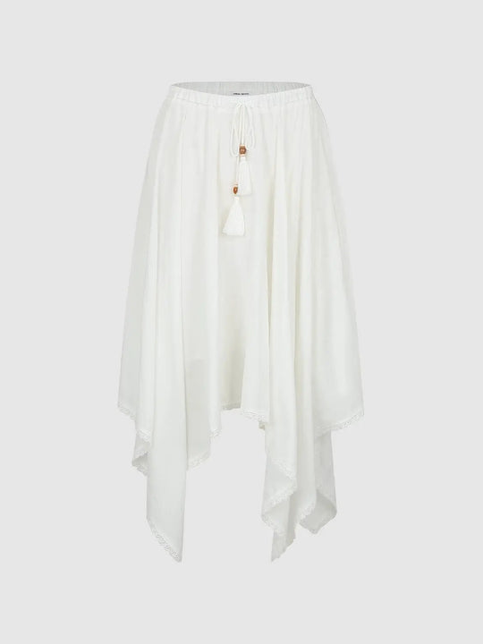 Cotton Lace-Trim Tassel Asymmetric Hem A-Line Midi Skirts