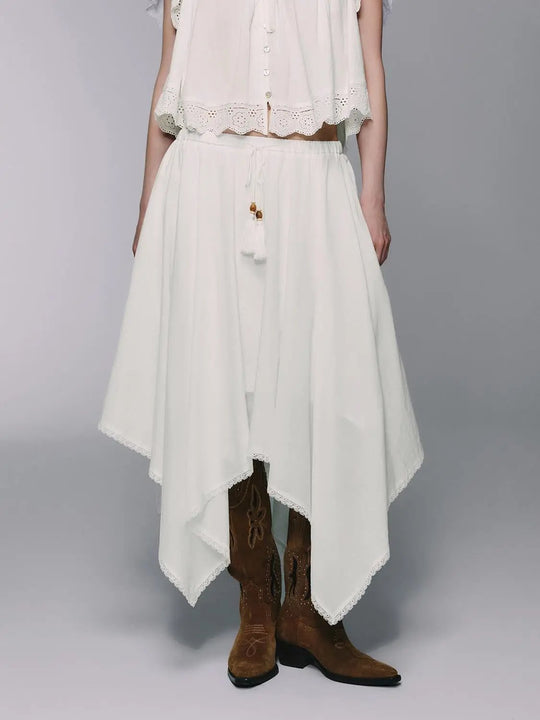 Lace-Trim Tassel Asymmetric Hem A-Line Cotton Midi Skirt