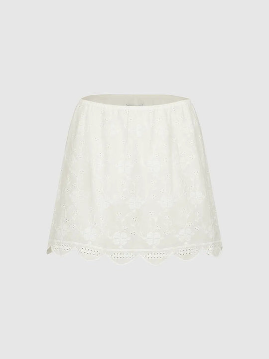 Floral Eyelet Flared Scalloped Hem Cotton Skirt