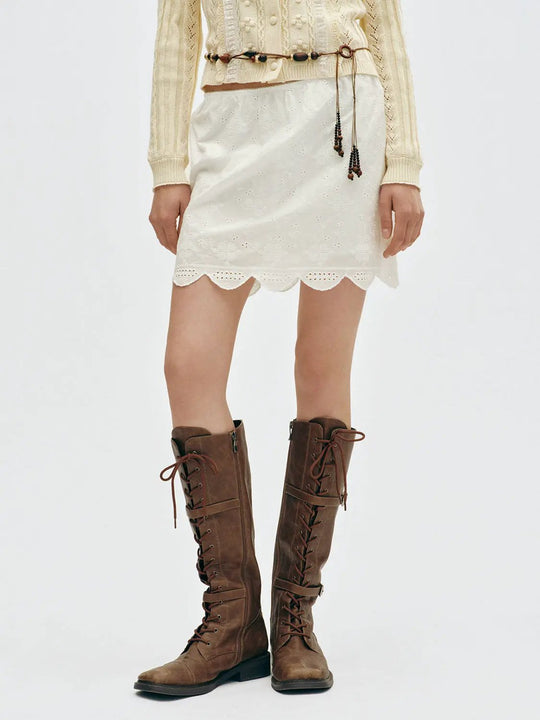 Floral Eyelet Flared Scalloped Hem Cotton Skirt