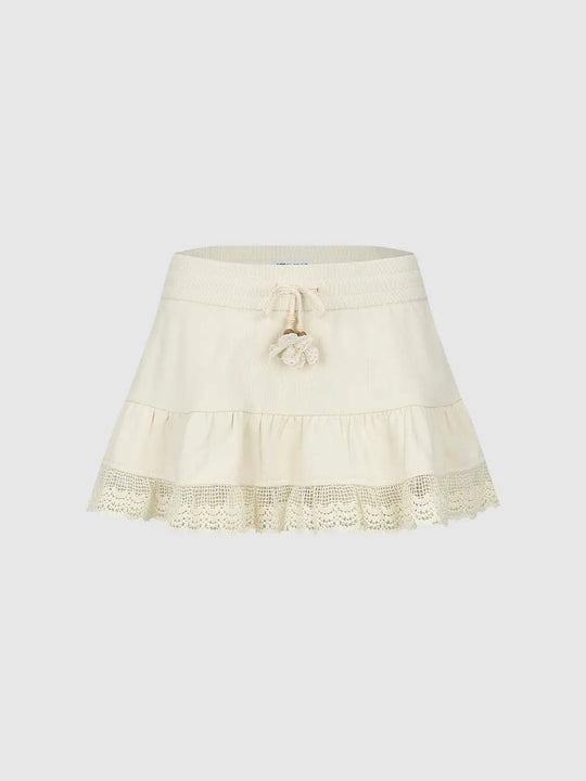 Tiered Lace Hem A-Line Elastic Waist Mini Cotton Skirt