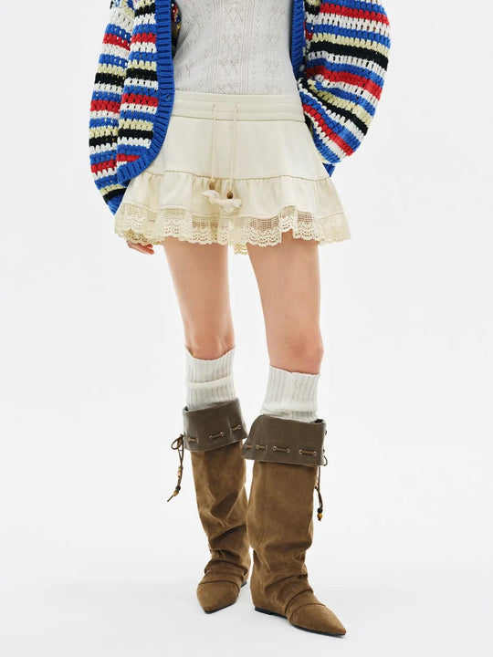 Tiered Lace Hem A-Line Elastic Waist Mini Cotton Skirt