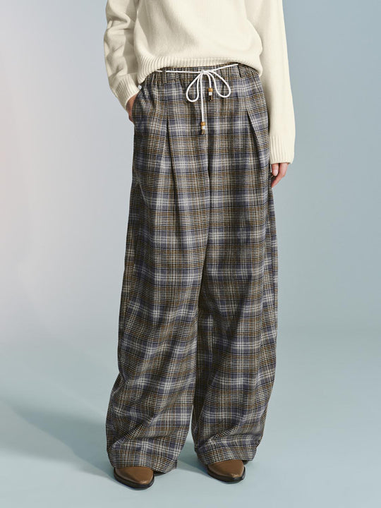 Drawstring Pull On Check Wide Leg Pants