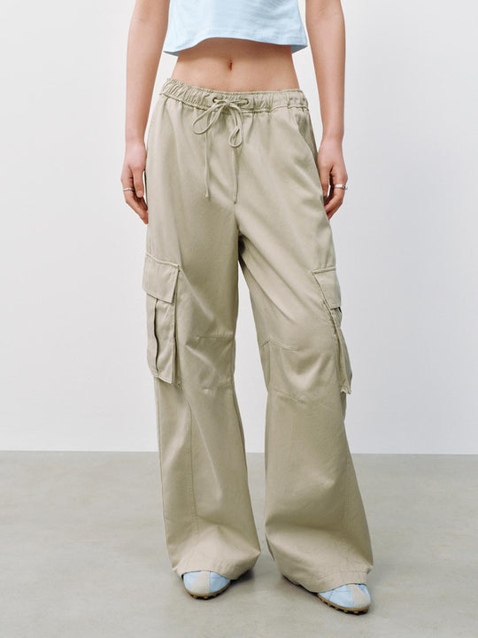 Flap Pocket Drawstring Wide Leg Pants