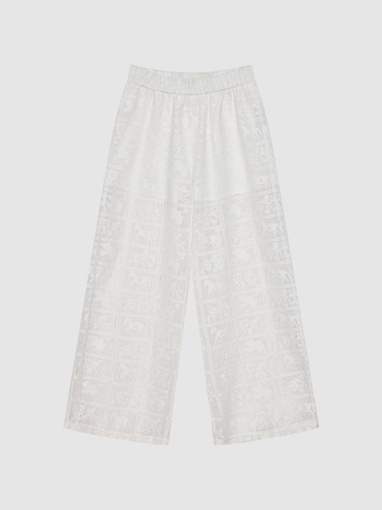 Pull On Guipure Detail Intarsia Wide Leg Pants