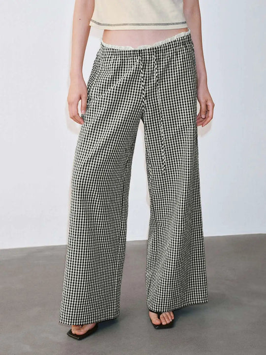 Gingham Check Contrast Trim Wide Leg Drawstring Pants