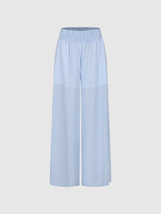 Cotton Blend Striped Wide Leg Smocked-Waist Pants