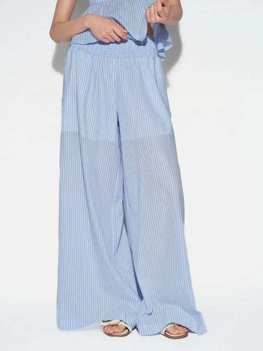 Cotton Striped Wide Leg Smocked-Waist Pants